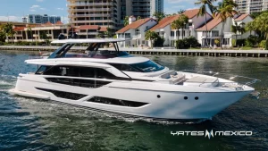 Ferretti 86 2023 en venta navegando en mar abierto con fondo de montañas — YatesMexico.com