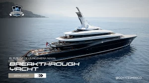 “Vista aérea del superyate Breakthrough de 118 metros navegando en mar abierto, diseñado por Feadship con líneas minimalistas y sistemas sustentables.”